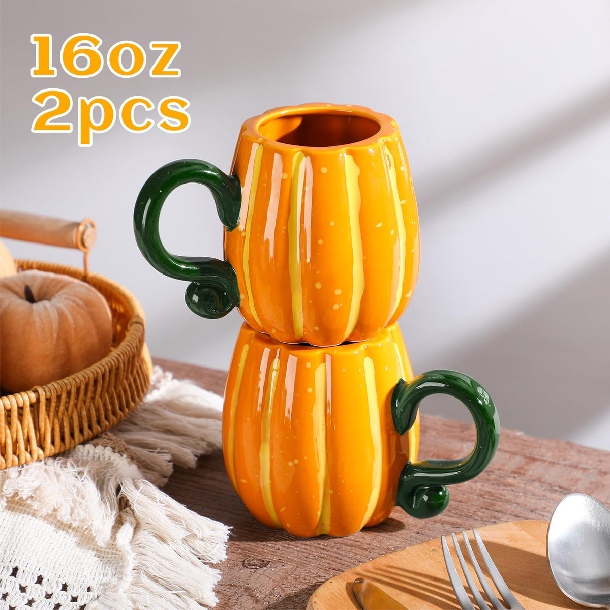 RimCereal 2 Pcs Fall Pumpkin Cup Ceramic Coffee Mugs 16 oz Thanksgiving Funny Tea Mug Autumn Halloween Birthday Gifts Decoration Food Theme for Family or Friend(Orange)