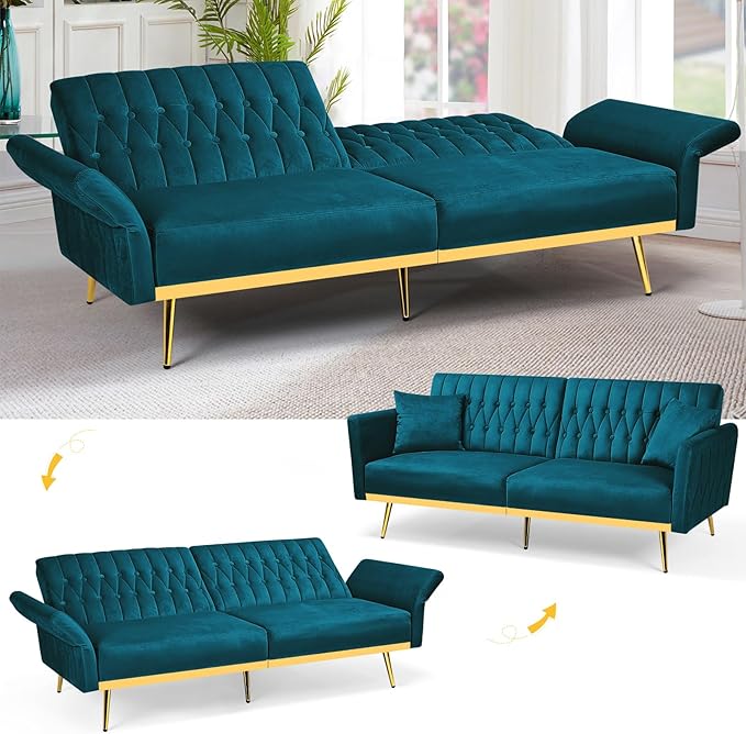 ACMEASE 70” Velvet Futon Sofa Bed w/Adjustable Armrests and Backrest, Convertible Futon Couch w/2 Pillows, Modern Sleeper Bed for Living Room, Bedroom, Teal