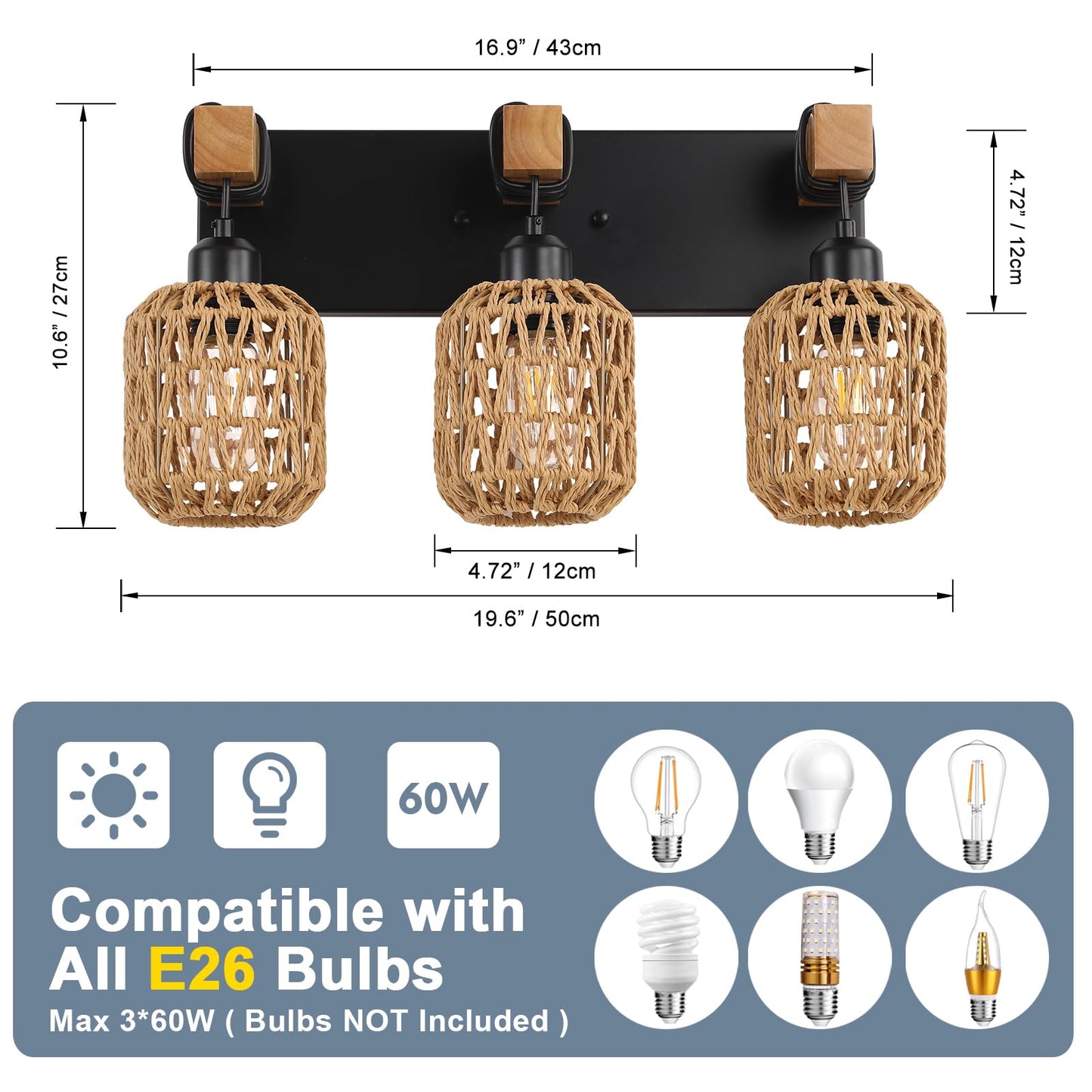 3 Light Bathroom Vanity Light Fixtures， Rustic Style Wood Bathroom Wall Sconce， with Boho Wicker Lampshade，Suitable for Bedroom, Hallway, and Living Room，Rattan Black Farmhouse Wall Sconce