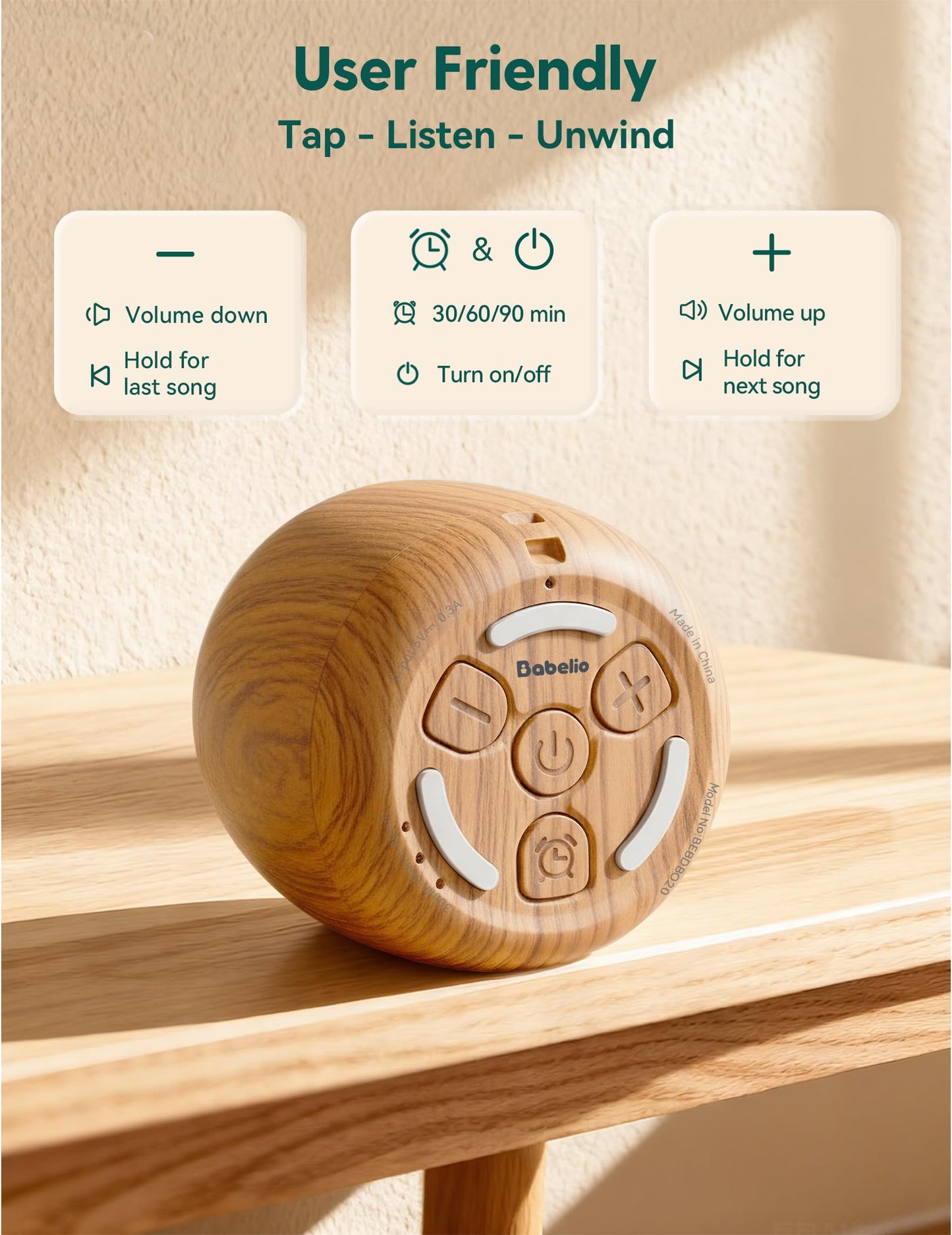 Babelio White Noise Sound Machine (Pocket Mini Pro) | 1000mAh Large Battery, 25 Non-looping Sounds for Adults, Kids & Babies, Timer, Memory Function, Pocket-Sized & Travel Essentials, Wood Grain