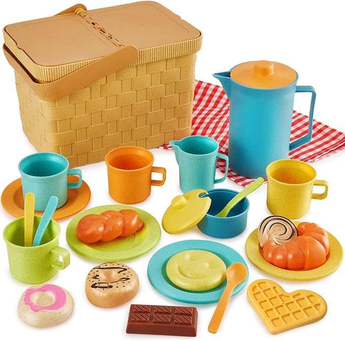 HERSITY Picnic Basket Toys for Toddlers, Kids Play Tea Sets with Teapot Tea Cup Dessert Food and Mat, Pretend Play Kitchen...