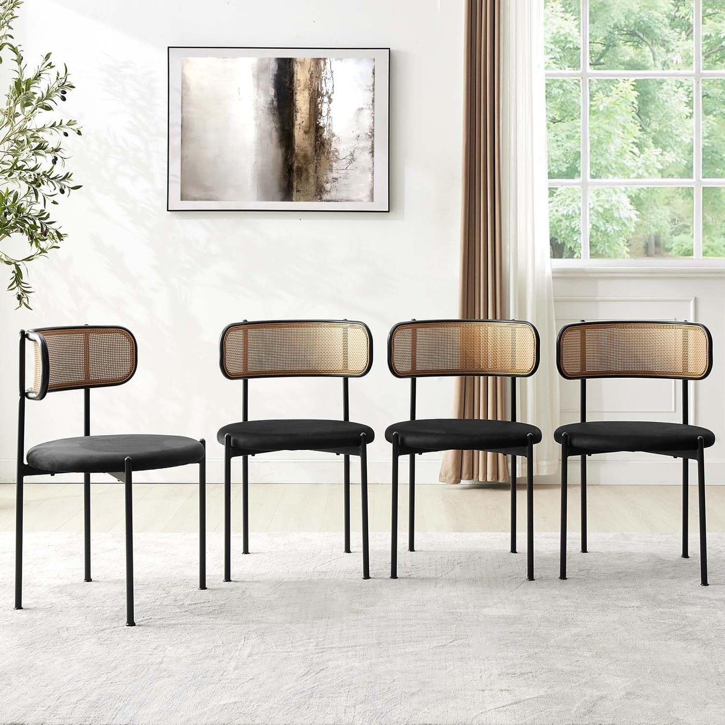 Rattan Dining Chairs Set of 4, Mid-Century Modern Chair with Boucle, Kitchen Dining Room Chairs for Living Room with Metal Legs, Round Upholstered Sherpa Chair with Rattan Backrest for Home, Black
