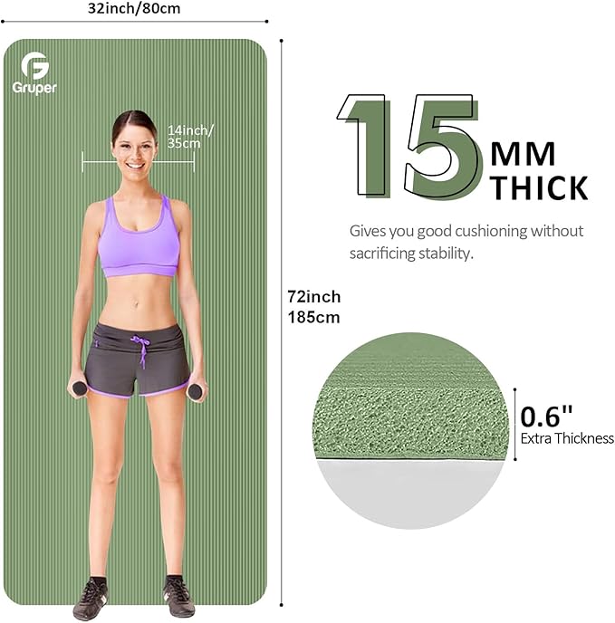 Yoga Mat Non Slip NBR Extra Thick Yoga Mat, 72"L x 32"/24"W x 0.6"/0.4"TH (185cm x 80cm/61cm x 15mm/10mm), Anti-Tear Exercise Mat with Carrying Strap and Bag, Workout Mats for Yoga, Pilates