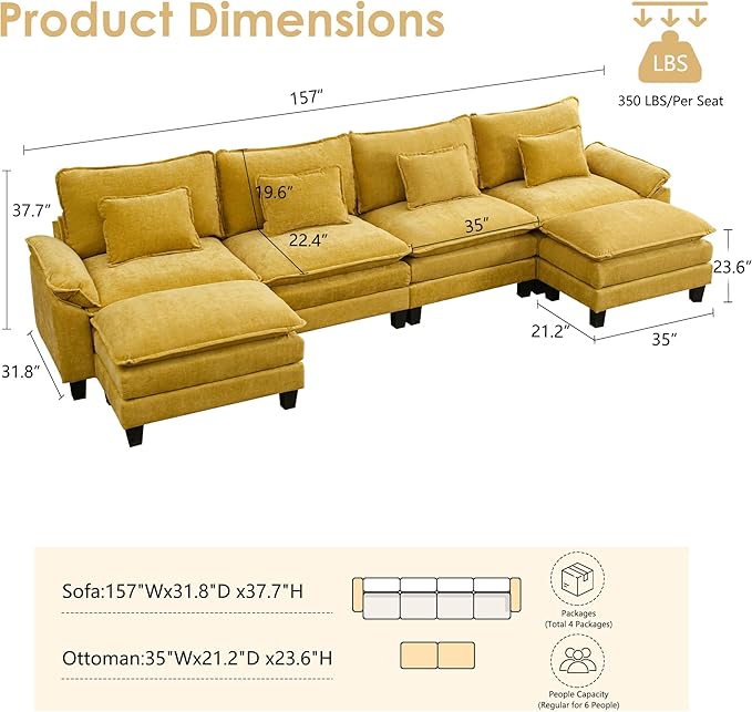 URRED Cloud Couch Modular Sectional Sofa, 157" Modern U Shaped Deep Seat Sofa with 2 Ottomans & Pillows, Ultra Comfy Chenille Couches for Living Room, Bedroom or Apartment, Yellow