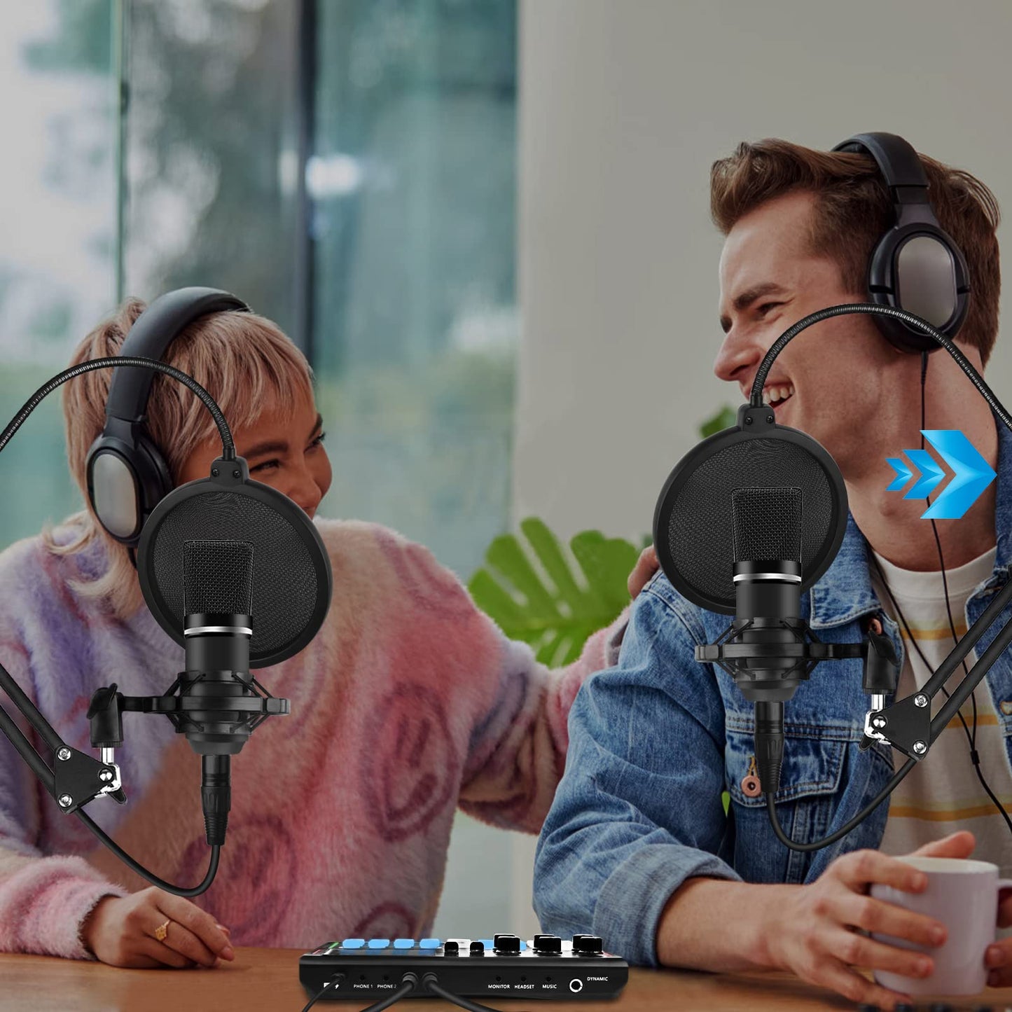 Hayner-Seek Podcast Equipment Bundle For 2, Dj Mixer With 3.5Mm Diaphragm Condenser Microphone For Live Streaming, Podcast Recor