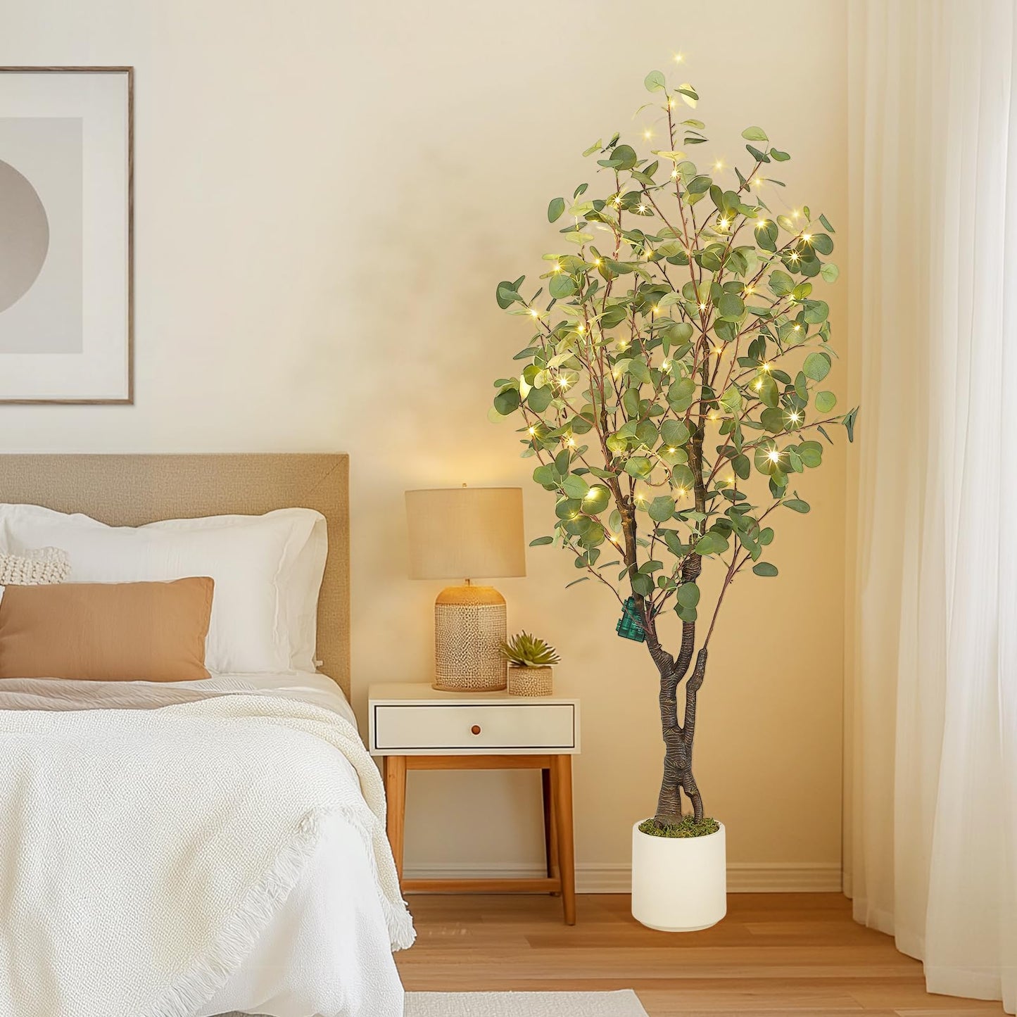 GarveeHome Artificial Eucalyptus Tree Indoor, 5ft Tall Fake Artificial Plant with White Planter，Large Faux Floor Plant Fake Silk Trees with 50 Lights Artificial Trees for Home Decor Indoor