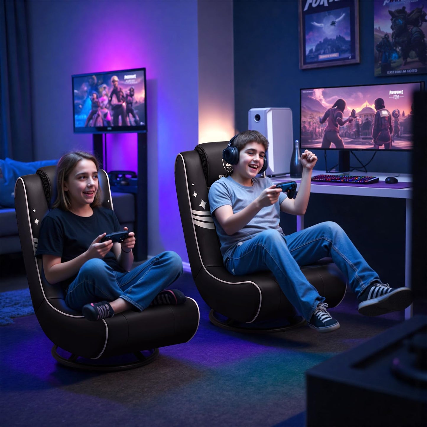 GTPLAYER Floor Gaming Chair Foldable Swivel Floor Chairs for Kids Boys Comfy Video Game Seat with 360° Multipurpose for Gamers, Bedroom or Game Room (Gold)