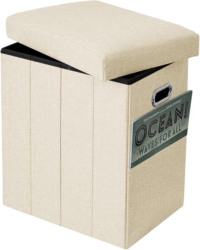Emosoon Tall Ottoman with Storage Collapsible Fabric Small Slim Folding Ottoman Furniture with Handles Lid for Room Footrest Foot Stool Linen Beige 16.5x16.5x11.8in