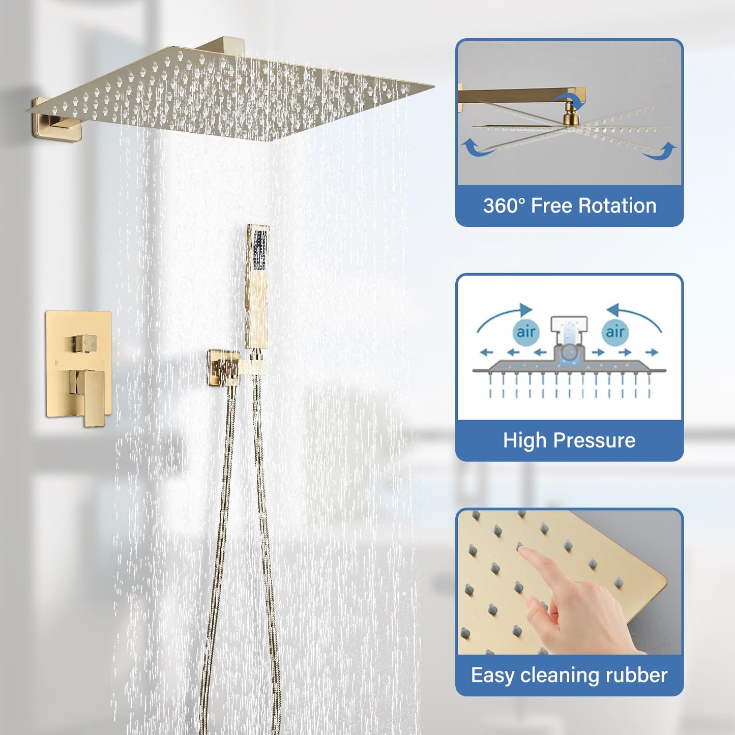 Shower Faucet Rain Shower System with 12 Inches Rainfall Shower Head and Handheld Spray Combo Bathroom Shower Faucet Set Complete Brushed Gold Shower Valve and Trim Kit Wall Mounted