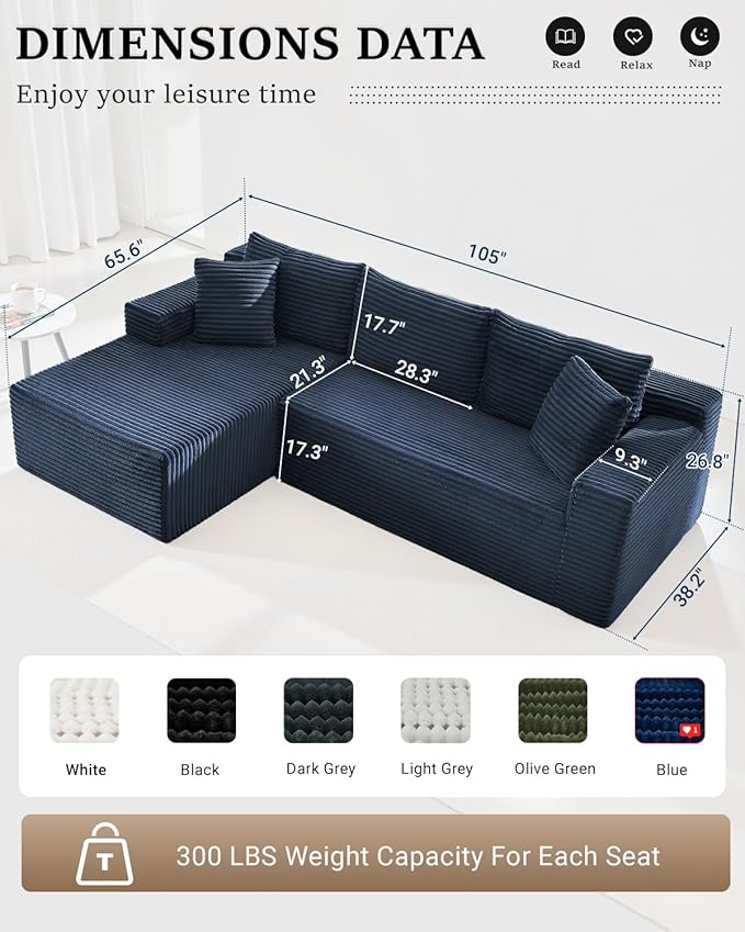 105 Inch Cloud Sectional Couch,Modern Modular Sectional Sofa with Deep Seat,Corduroy Boneless Couches with L-Shape Chaise for Living Room Bedroom,No Assembly Required (Blue, Left Facing Chaise)