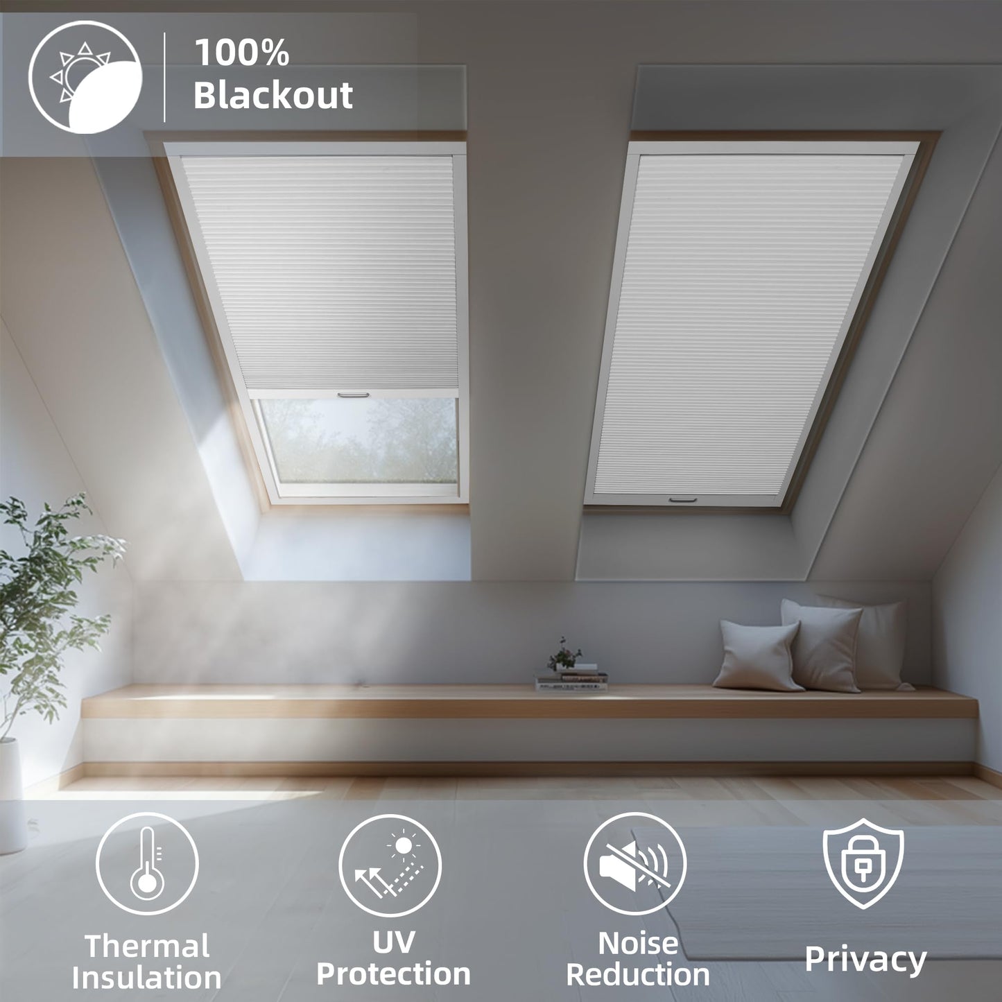 BERISSA Blackout Skylight Shade for Windows,Cordless Cellular Blinds for Ceiling,Honeycomb Blinds for Roof Home Office,Thermal Insulated,UV Protection,Noise Reduction, Custom Size,White