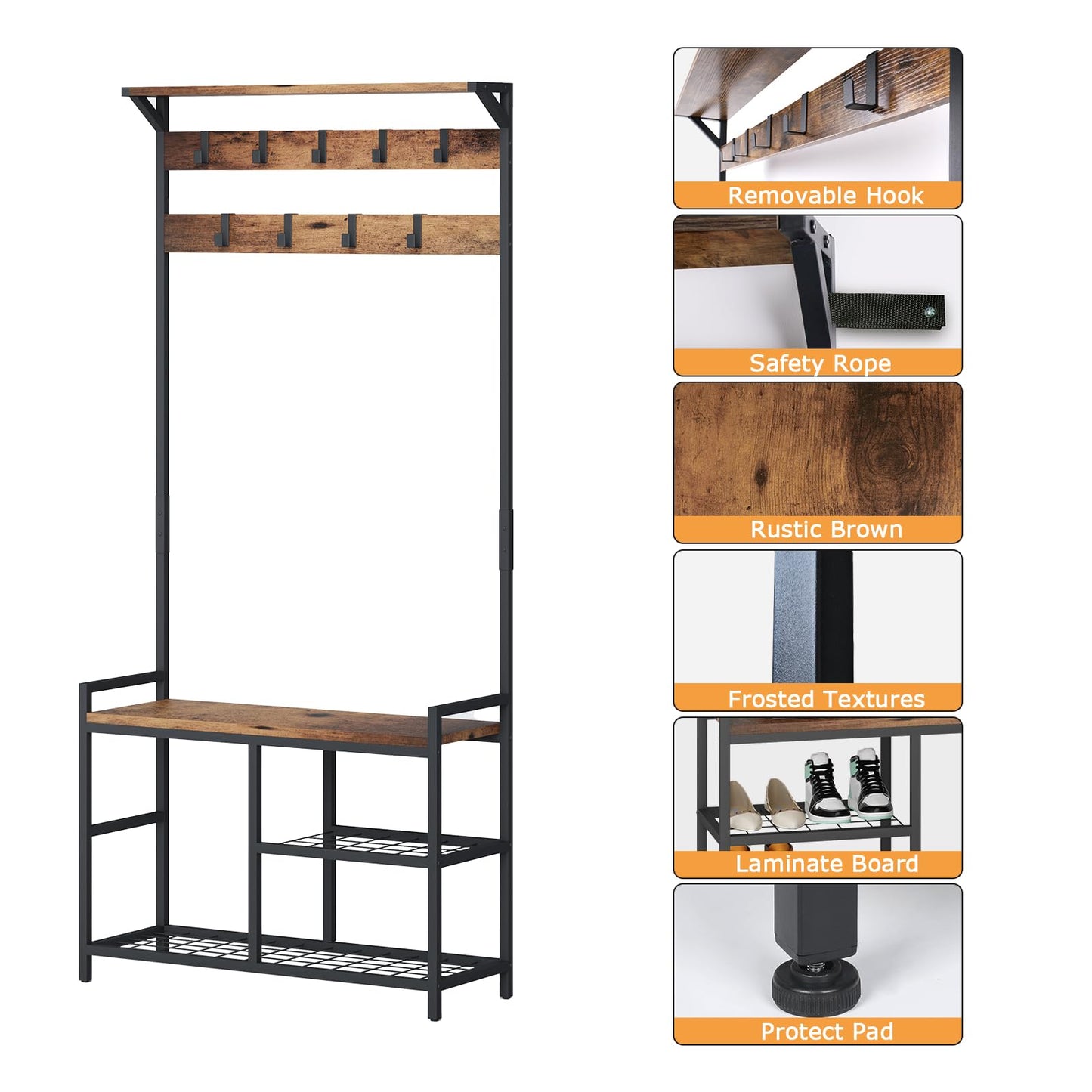 HOMEKOKO Coat Rack Shoe Bench, Hall Tree Entryway Storage Bench, Wood Look Accent Furniture with Metal Frame, 3-in-1 Design (Rustic Brown)