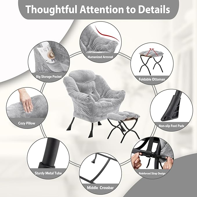 Youtanic Lazy Chair with Folding Ottoman, Accent Chair Plush Upholstered with Metal Structure and Non-Slip Pads, Sofa Armchair with Footrest and Side Storage Bag for Dorm, Room, Office, Light Gray