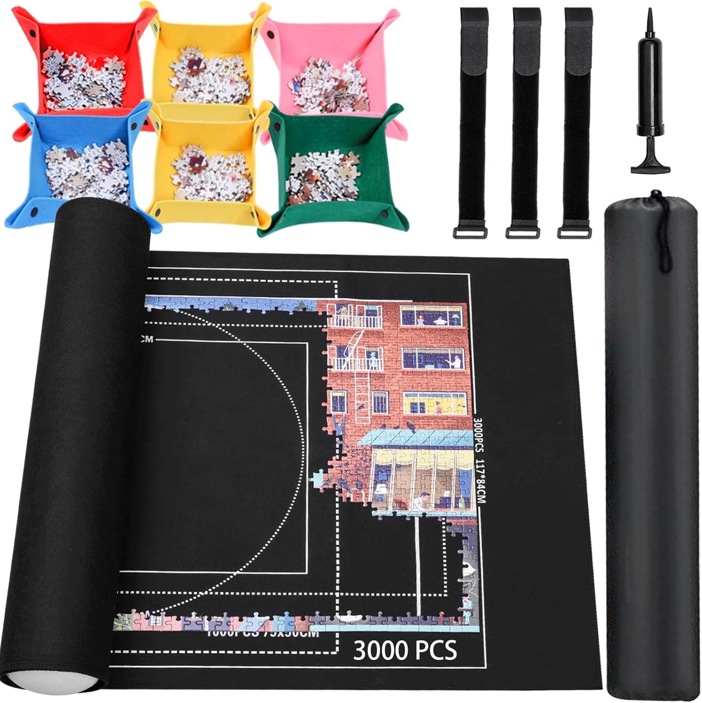Jigsaw Puzzle Mat Roll Up - 3000 2000 1500 1000 Pieces Puzzel Matte, Black Felt Roll-Up Puzzles Felt Save Mats Trays for Sorting Board Clear Sheets and Frame Keeper for Adults