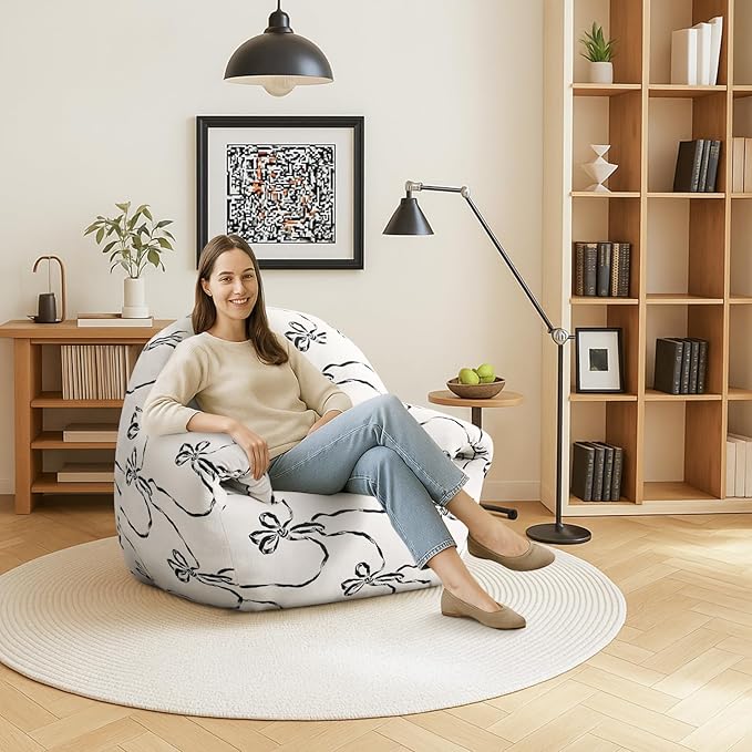 Peace nest Bean Bag Chair with Memory Foam Filled Ultra Soft Jacquard Pattern Cover for Adults Comfy Fur Bean Bag Chairs with Armrests for Bedroom Living Room Office Dorm Reading Flower