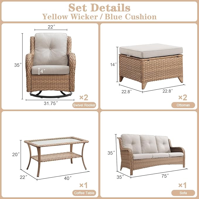 Belord Wicker Outdoor Furniture Patio Furniture Set - 6 Piece Patio Conversation Set with Swivel Rocker Chairs, Rattan Sofa, Ottomans and Coffee Table, Beige Cushion