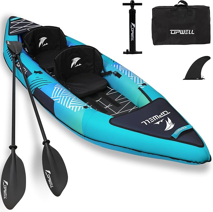 UPWELL 13'6”/11' Inflatable Recreational Kayak - 2 Person with Drop Stitch Floor and Accessories Including Kayak Seats wit...