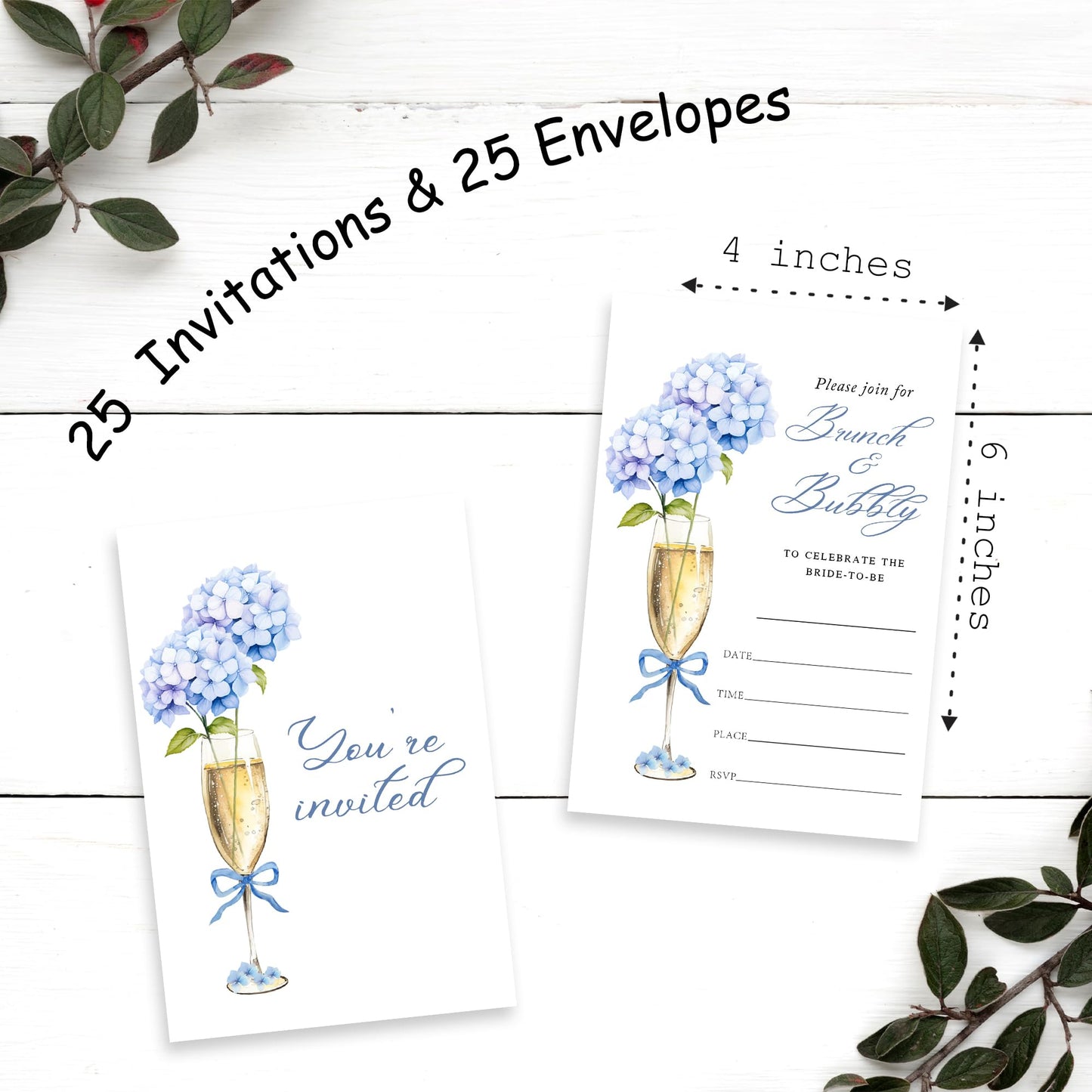Blue Hydrangea Bridal Shower Invitations -Brunch & Bubbly - 25 Champagne Bridal Shower Invites With Envelopes For Newlyweds, Bride-To-Be, Wedding Reception, Engagement Party Favors & Decorations- 07