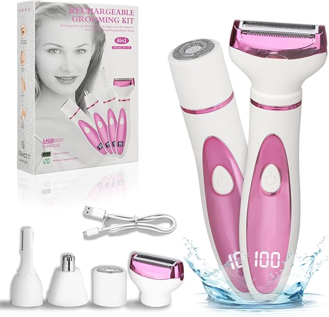 Wet & Dry Electric Razor for Women Men,4 in 1 Rechargeable Led Display Electric Shaver and Facial Hair Remover,Painless Ladies Body Razors for Nose Face Body Leg Bikini Arm Hair