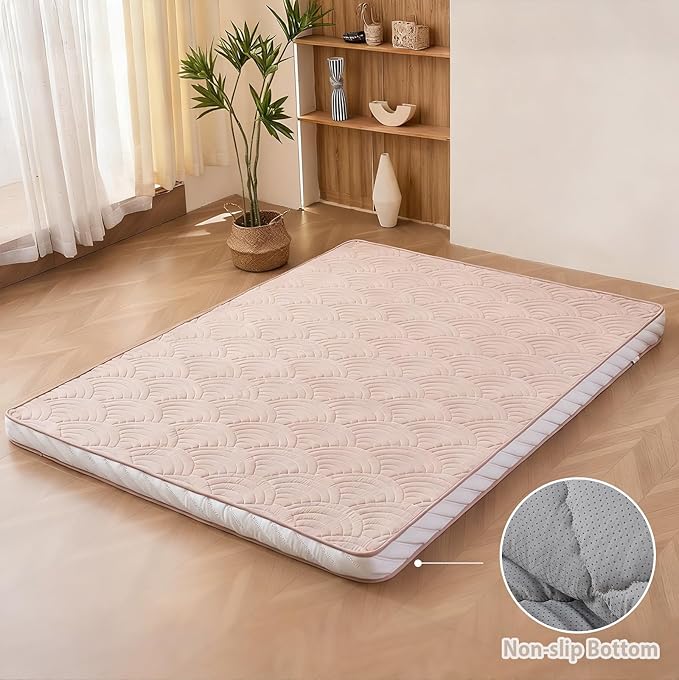 Zelladorra Japanese Floor Mattress, Quilted Futon Mattress with Anti-Slip Bottom, Foldable Floor Bed with Storage Bag and Straps, (Beige, Twin)