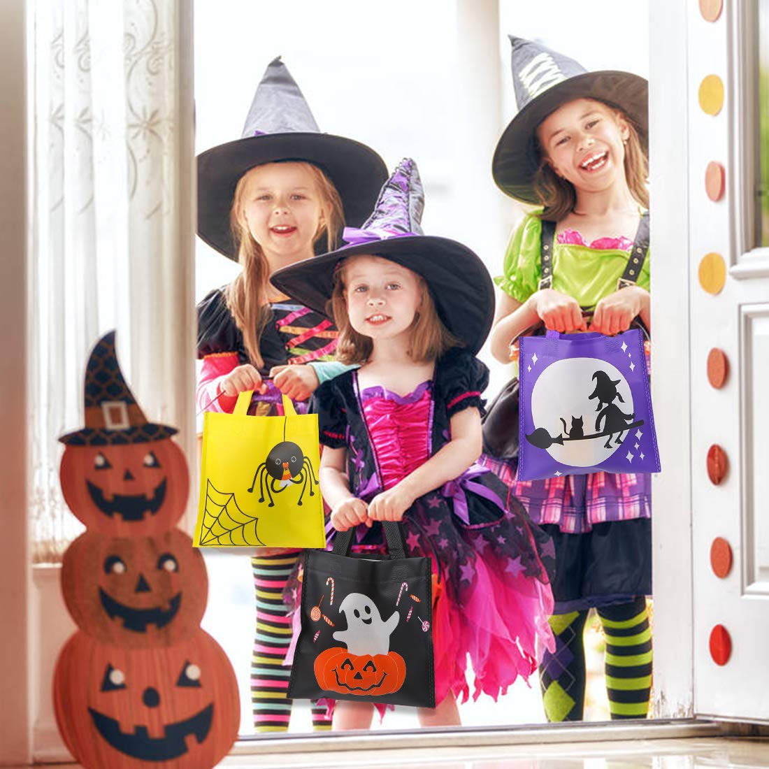 CCINEE 24pcs Non-Woven Treat Bags 8 Cute Halloween Pattern Totes Party Bags with Handles for Kids' Halloween Trick or Treat Party Favor Supply