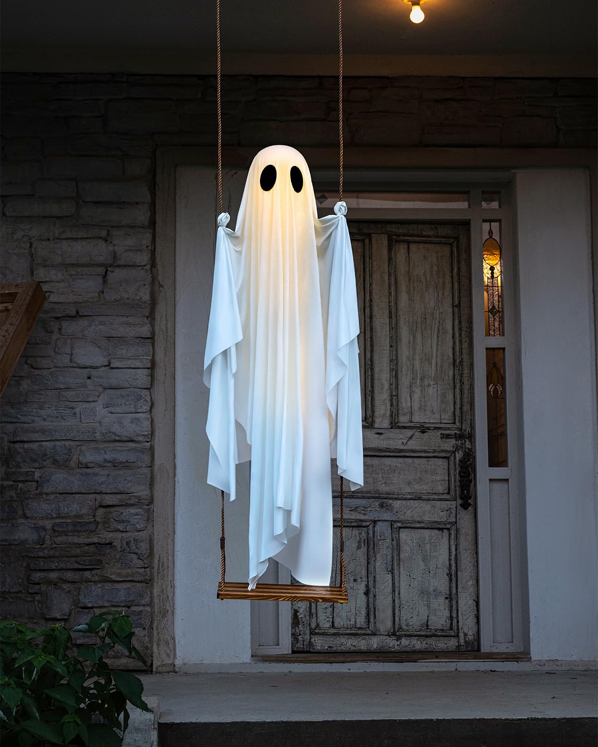 Halloween Decorations Outdoor - 5 FT Large Hanging Swing Ghost Halloween Decor with String Lights - Spooky Cute Ghosts Decorations for Front Porch Yard Tree