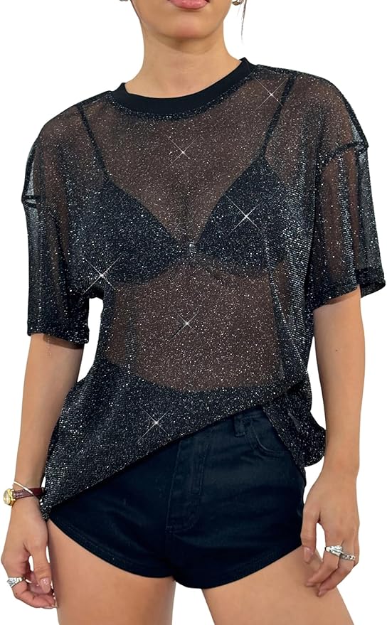 OYOANGLE Women's Sparkle Glitter Sheer See Through Top Short Sleeve Loose Casual Shiny Tshirt Mesh Shirt Blouse