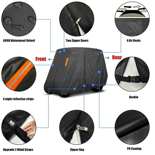 600D Heavy Duty 4+2 Seater Golf Cart Cover 6 Passenger, Golf Cart Cover 4 Passenger Extended Roof, Club Car Cover Lifted Golf Cart Storage Cover for 4 Seaters with 2 Bench Seats 138L 48W 66H Inches