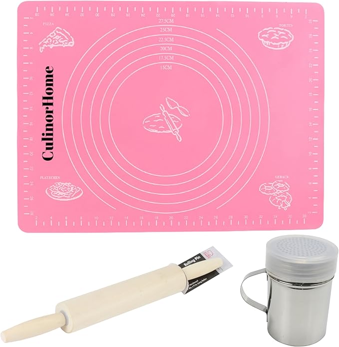 Baking Essentials for Home Bakery, Homesteading Essentials - Silicone Baking Pastry Mat for Rolling Dough and Powdered Cinnamon Sugar Shaker Duster Bundle with Mini Wooden Rolling Pin/Dough Roller