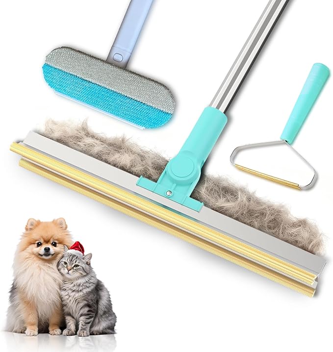 Carpet Rake for Pet Hair Removal：Upgraded 3 In 1 Reusable Carpet Scraper Pet Tool Kit, Adjustable Handle for Deep Clean Dog & Cat Hair Remover, Lint Remover Scraper for Carpets, Mats, Rugs, Car&Couch