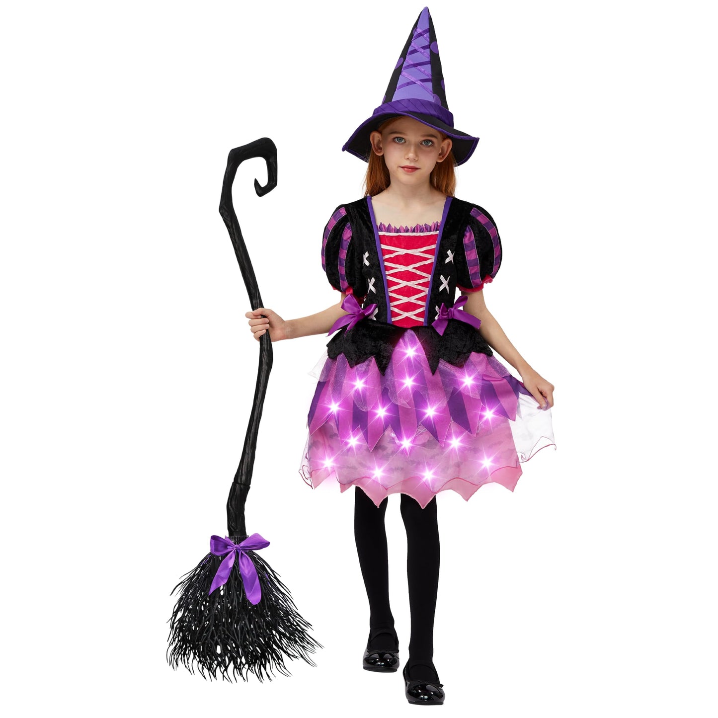 Spooktacular Creations Halloween Child Girls Light Up Pink Witch Costume, Toddlers Tattered Witch Tutu Dress with Broom and Hat for Kids Halloween Themed Parties (Small (5-7yr))