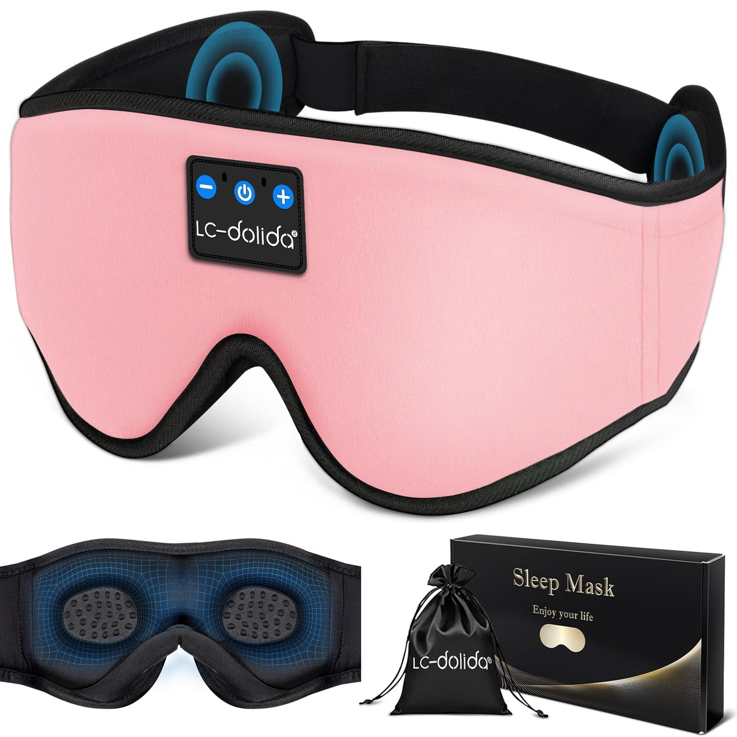 LC-dolida Sleep Headphones, Sleep Mask Bluetooth Wireless Music Eye Mask, Sleeping Headphones for Side Sleepers Sleep Mask with Bluetooth Headphones Ultra-Thin Stereo Speakers Perfect for Sleeping