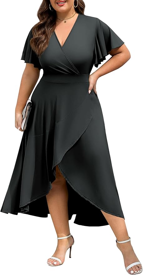 Actcat Womens Plus Size Maxi Dress Ruffle Short Sleeve Elegant Wrap V Neck High Low Split Long Dress