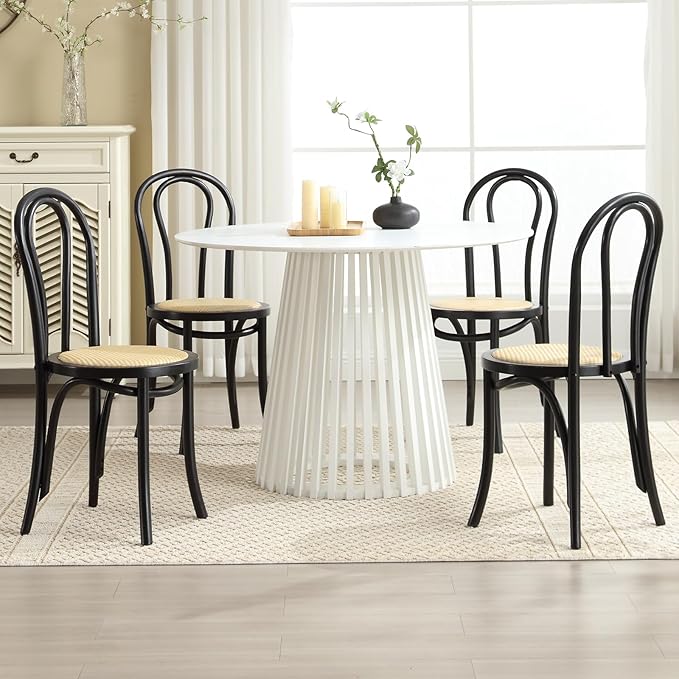 DM Furniture Solid Wood Dining Chairs Set of 4 Mid-Century Modern Rattan Kitchen Room Chairs with Backrest Bentwood Bistro Chairs for Dining/Living Room,Cafe, Black Wood