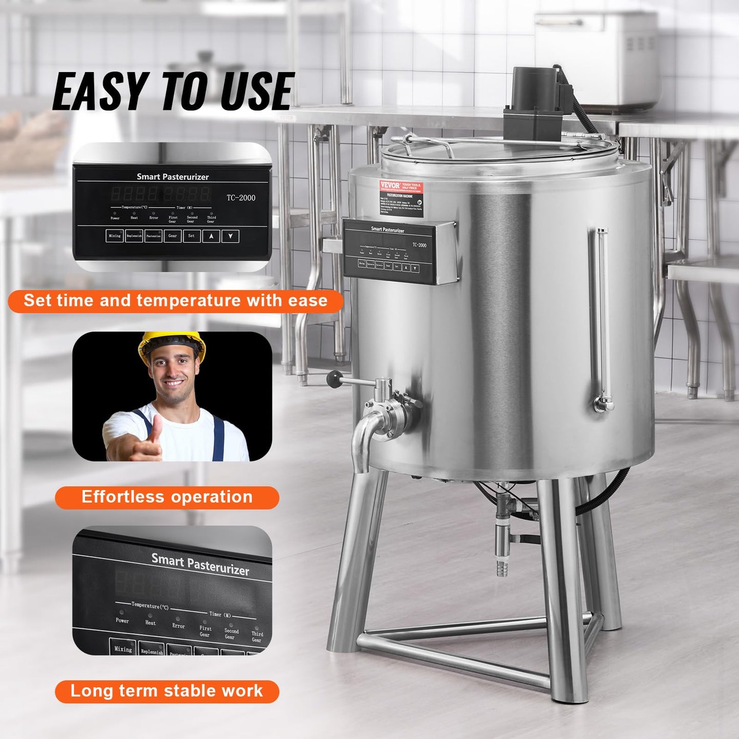 Vevor Milk Pasteurizer 50L, Commercial Milk Pasteurization Machine, Food Grade 304 Stainless Steel, Professional Pasteurization