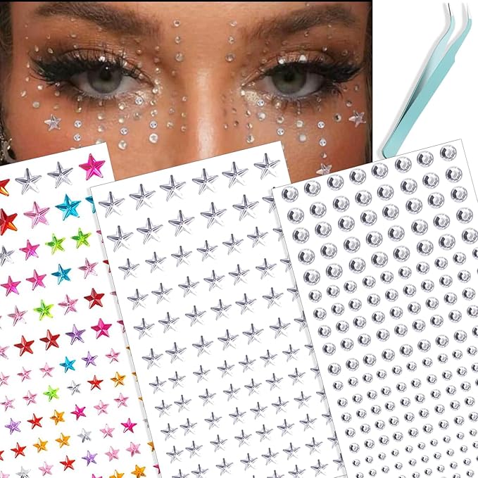 NOOEPC Face Gems, Star Face Jewels Self-Adhesive Hair Gems, Rave Aaccessories Face Glitter, Rhinestone Stickers Eye & Face...