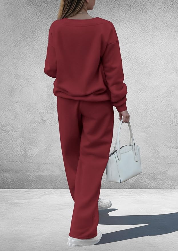 PRETTYGARDEN Casual Winter Two Piece Sets for Women 2026 V Neck Sweatshirt Loose Wide Leg Pants Tracksuit Knit Fall Outfits