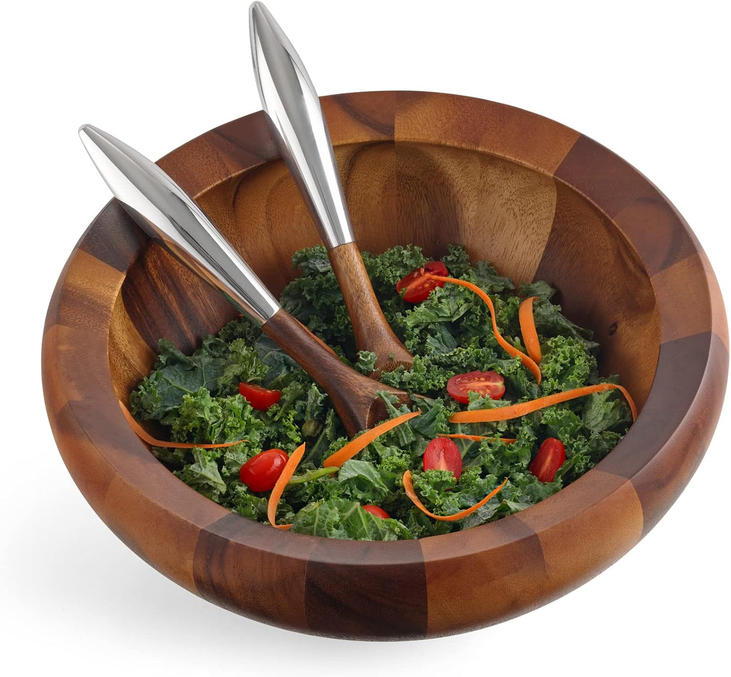 Nambe Yaro Acacia Wood Salad Bowl with 2 Salad Servers | Made of Acacia wood Alloy | Large Deep Wooden Bowls | Acacia Wood Salad Bowl Set | Designed by Sean O’hara