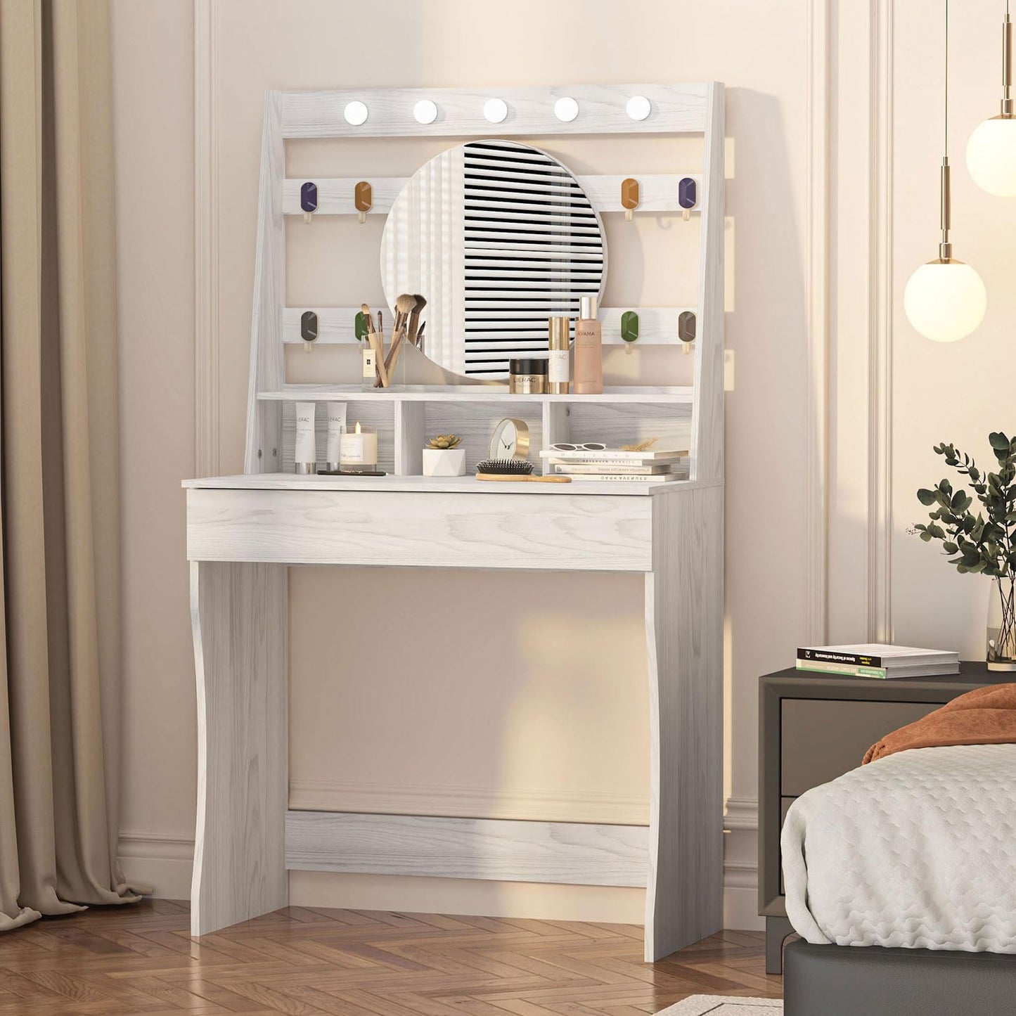 HedoAjim Vanity Desk with Lights, Makeup Table with Mirror, Dressing Table with 5 Hollywood Bulbs, 3 Adjustable Lighting Colors, Small Vanity Desk for Bedroom (Wood Grain)