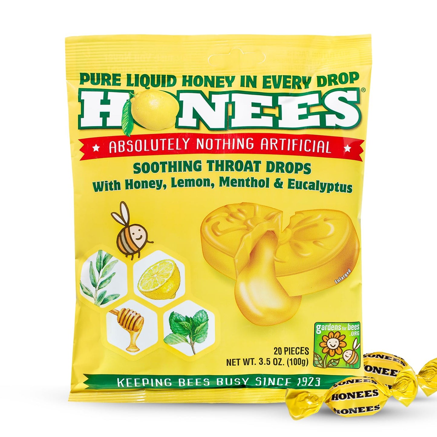 Honees Filled Honey Lemon Cough Drops- Filled with Honey, Menthol, Lemon and Eucalyptus - Nothing Artificial -Natural Sore Throat Lozenges- Non-GMO (6 Pack – 120 Drops)