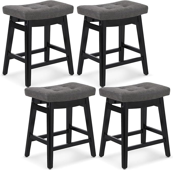 RNKSFX Counter Height Bar Stools Set of 4 for Kitchen Counter Farmhouse Modern Barstools with Faux Leather Upholstered Backless Seat and Solid Wood Legs 24 inch Bar Chairs, Grey + Black