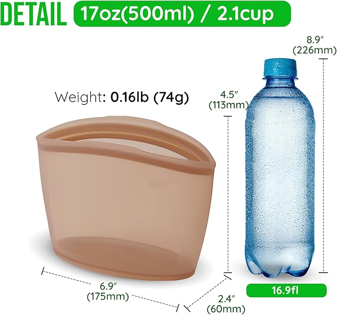 Reusable Silicone Food Storage Bags 2.1Cup (17oz), Airtight food Storage Containers Food Grade Silicone Snack Bags, BPA Free Food Storage Container, Microwave Safe, Sous Vide Container, Taupe Brown