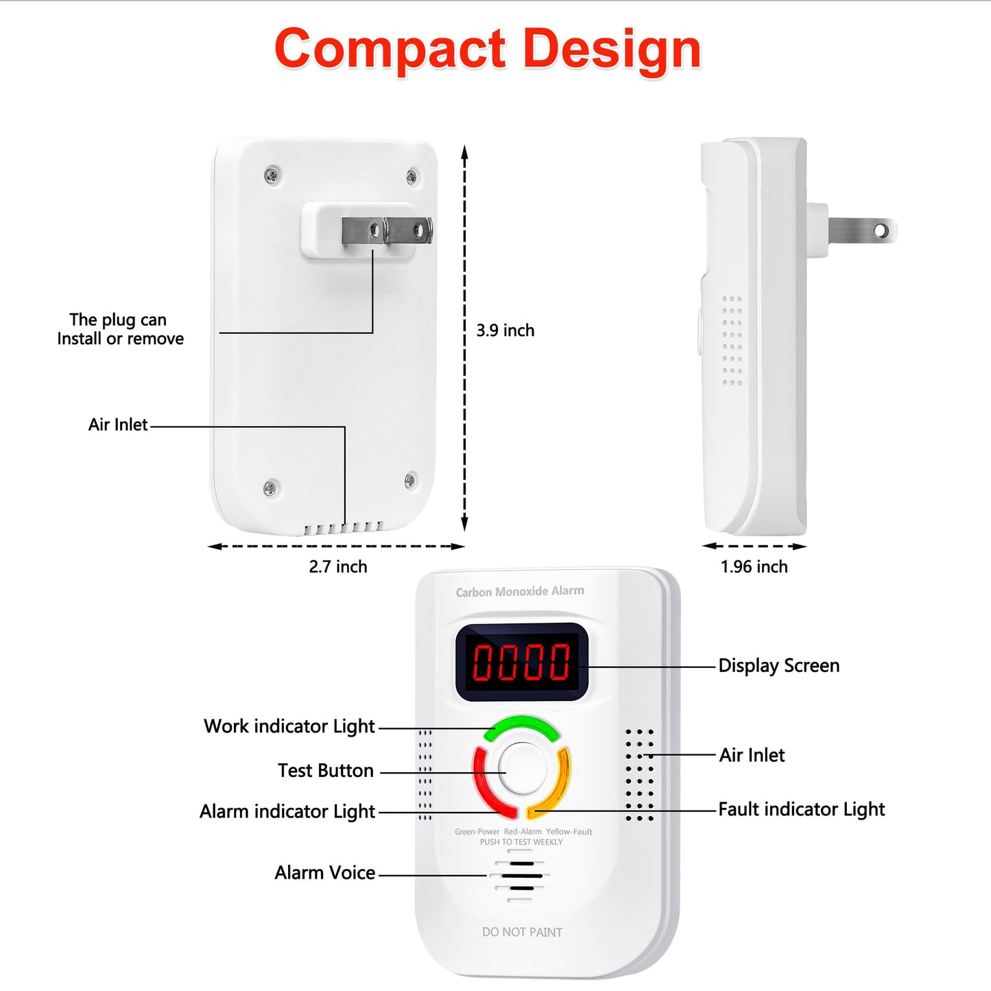 Carbon Monoxide Detectors Plug in, Alarm with Digital Display, Audible and Visual Alert, Self-Test Function for Home/Kitchen/Bedroom Co Detector