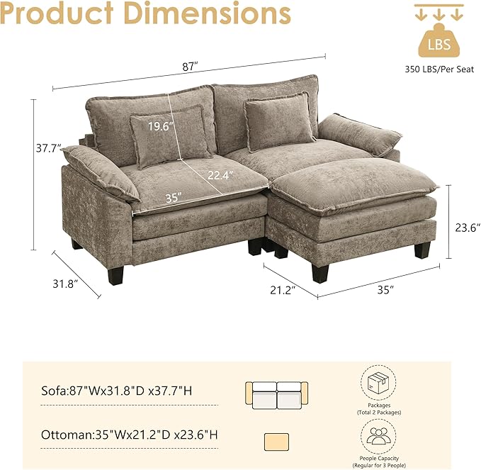 URRED Cloud Couch Modular Sectional Sofa, 87" Modern L Shaped Deep Seat Sofa with Ottoman & Pillows, Ultra Comfy Chenille Couches for Living Room, Bedroom or Apartment, Khaki