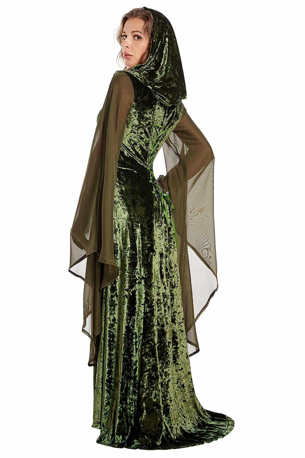 Sinastar Womens Medieval Dress Costume Hooded Lace Up Renaissance Velvet (100% Polyester) Trumpet Sleeve Gothic Green Gown