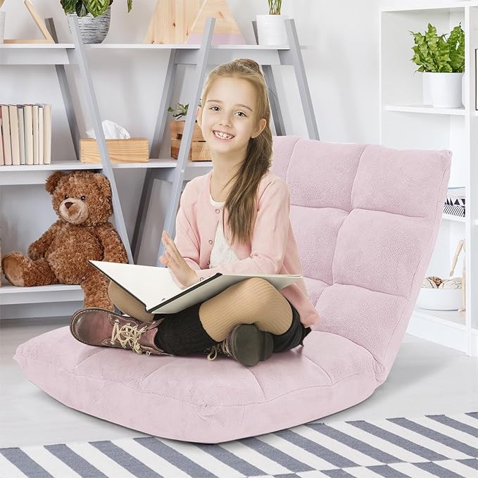 DREAMADE Folding Floor Chair w/Back Support, 14-Position Adjustable Lazy Sofa Chair w/Coral Velvet Fabric & Alloy Steel Frame, Portable Meditation Chair for Reading, Gaming,Sleeping (Light Pink)
