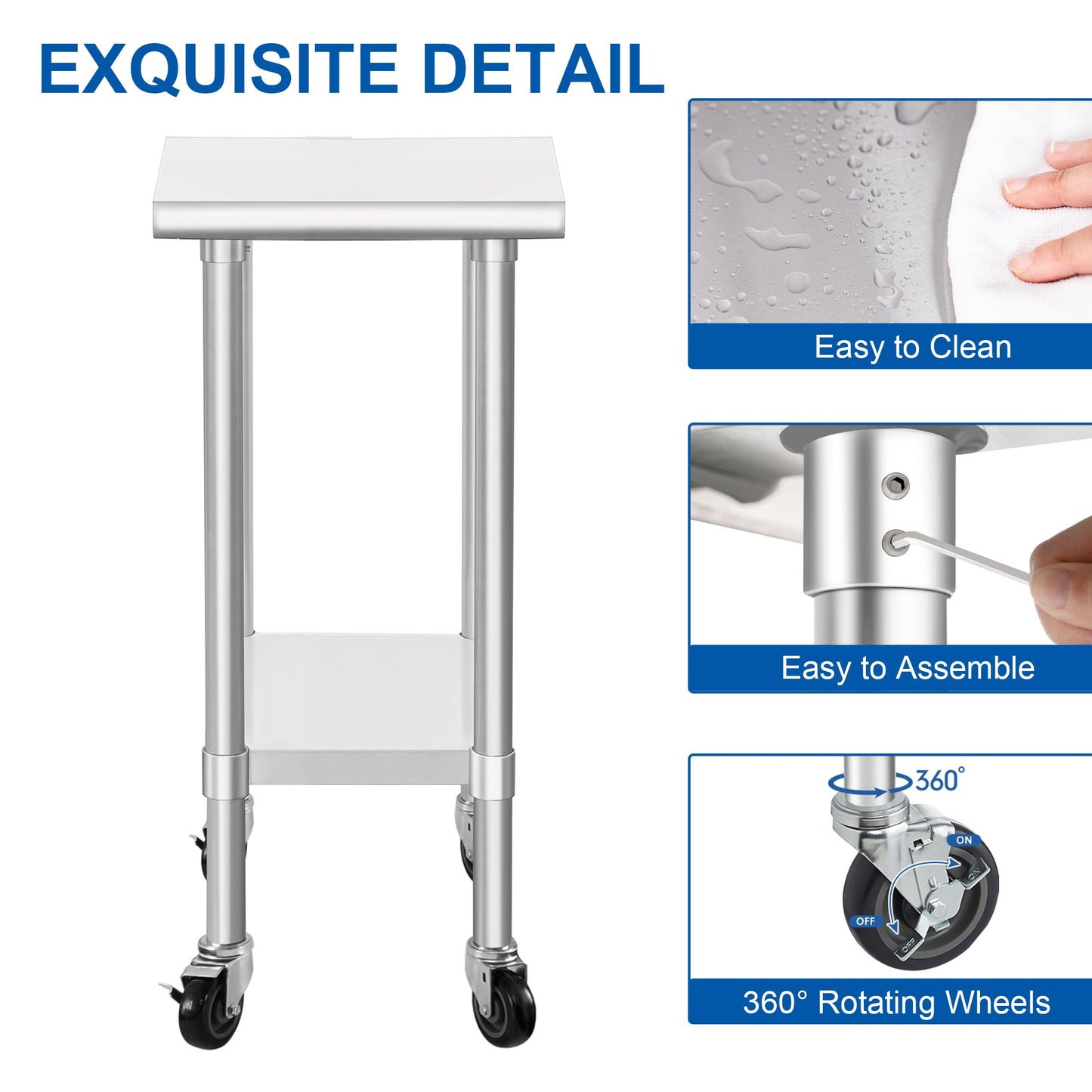 HARDURA Stainless Steel Commercial Table Prep & Work Table with Casters Heavy Duty Metal Table with Wheels NSF 430 24×15 Inches