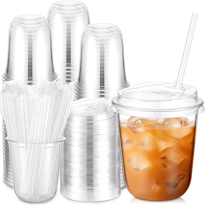 Ziliny 100 Pcs 12oz Clear Plastic Cups with Lids and Straws, Disposable Iced Coffee Drink Cups, Plastic Cup for Iced Coffe...