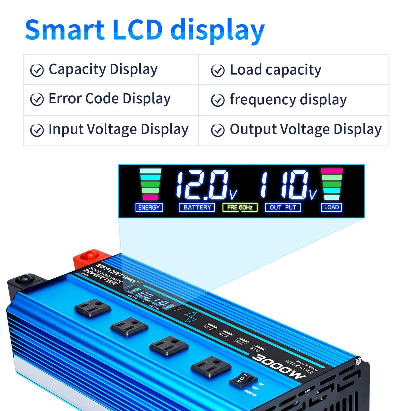 3000W Pure Sine Wave Inverter Dc 12V To Ac 110V/120V Converter, 6000W (Peak) With Lcd Display, Wireless/Wired Remote Control, 4A