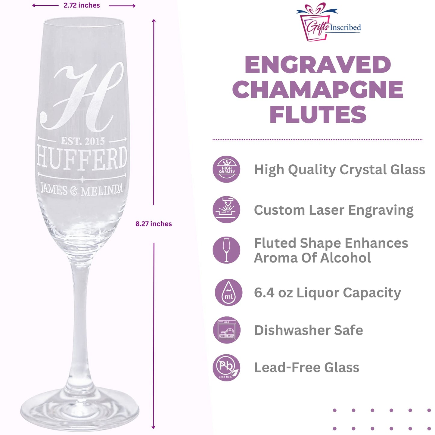Gifts Inscribed Personalized Champagne Glasses Set of 2 – Engraved Mr and Mrs Champagne Flutes – Custom Stemmed Glassware Gift for Wedding, Engagement, Anniversary, Bridal Party